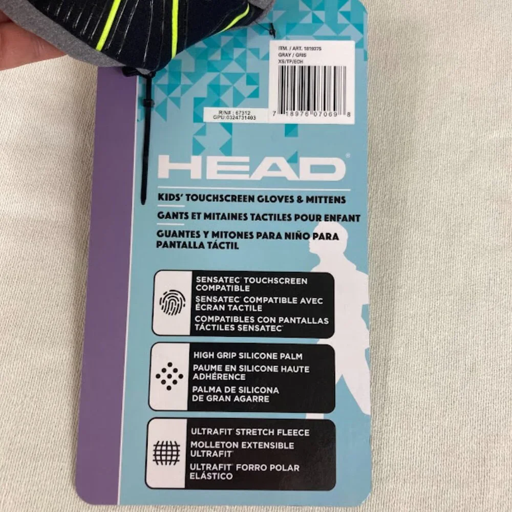 HEAD Kids Touchscreen Gloves Mittens XS 2-4 Gray Grip Fleece NWT